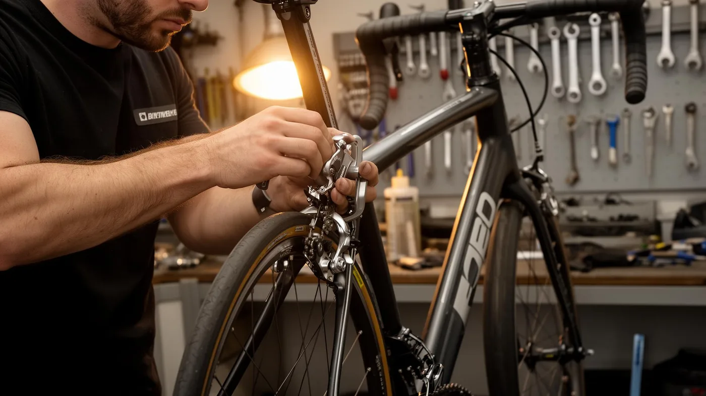 Mecànic ajustant una bicicleta al taller