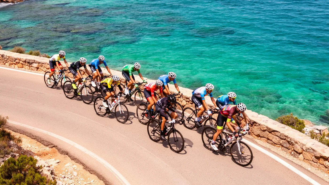 Grupo de ciclistas por carretera costera de Mallorca